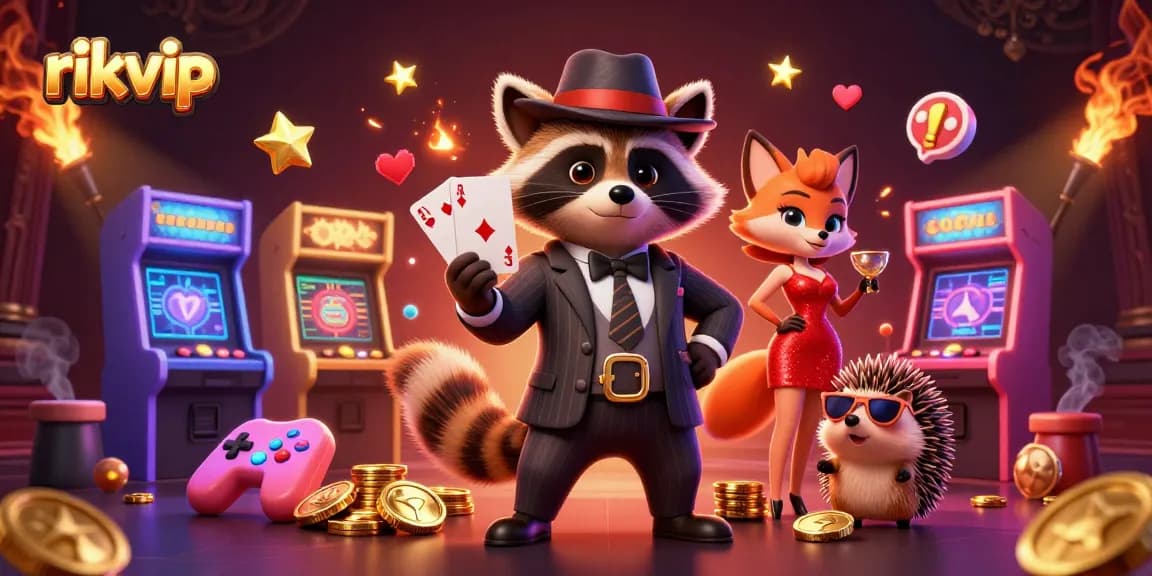 Experience the thrilling games at rikvip with a suave raccoon, a stylish fox, and vibrant casino elements.