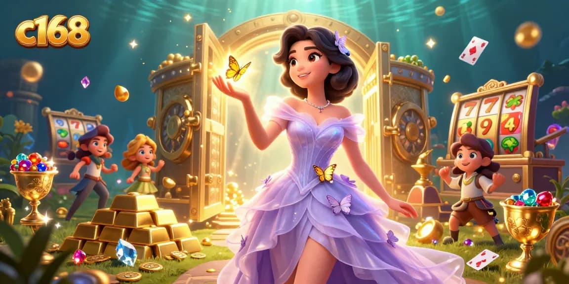 C168 immersive casino scene with a stunning Asian woman in a lavender gown among floating gems and slot elements.