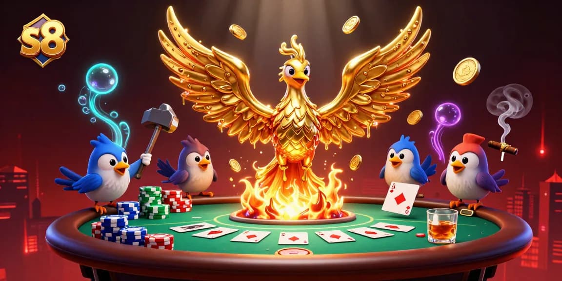 Engage in thrilling gameplay at S8 casino, featuring vibrant poker tables and golden phoenix illustrating prosperity.