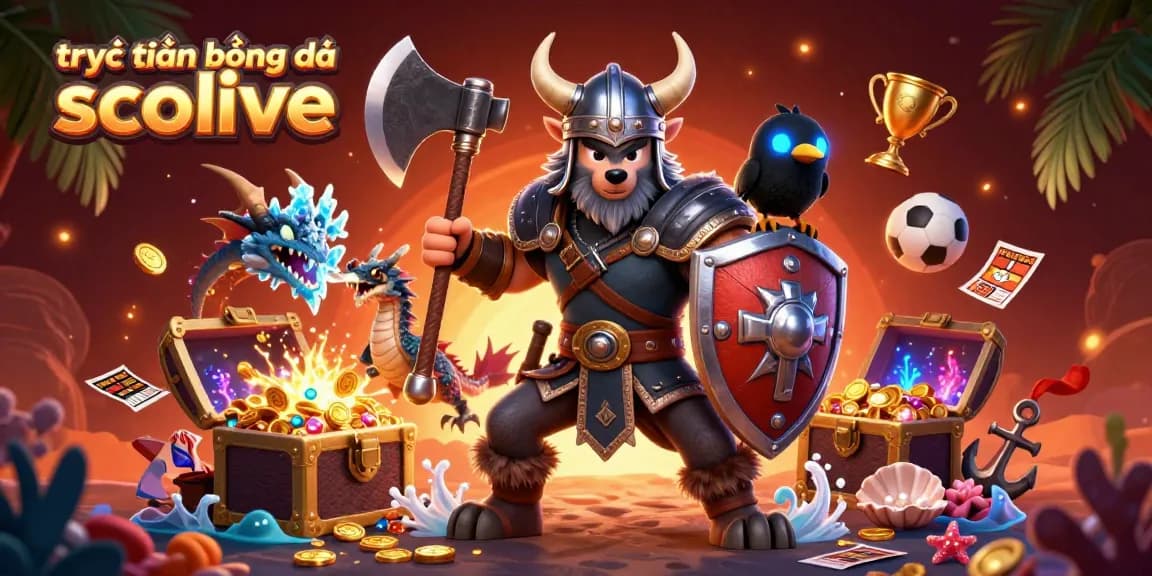 Engage in trực tiếp bóng đá socolive with dynamic 3D illustration featuring Viking warrior and dragon.