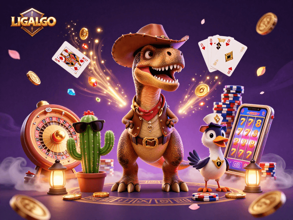 LIGALGO features a 3D cartoon T-Rex cowboy surrounded by casino elements, conveying exciting gameplay.