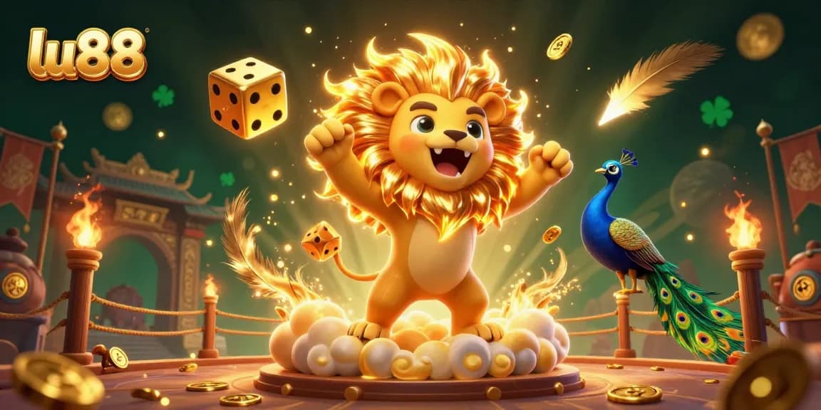 Bet big with lu88 in this thrilling casino scene, showcasing a roaring lion on golden clouds.