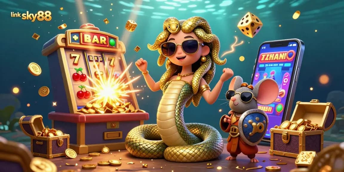 Experience vibrant gaming excitement with link sky88's 3D casino illustration full of action and colorful elements.