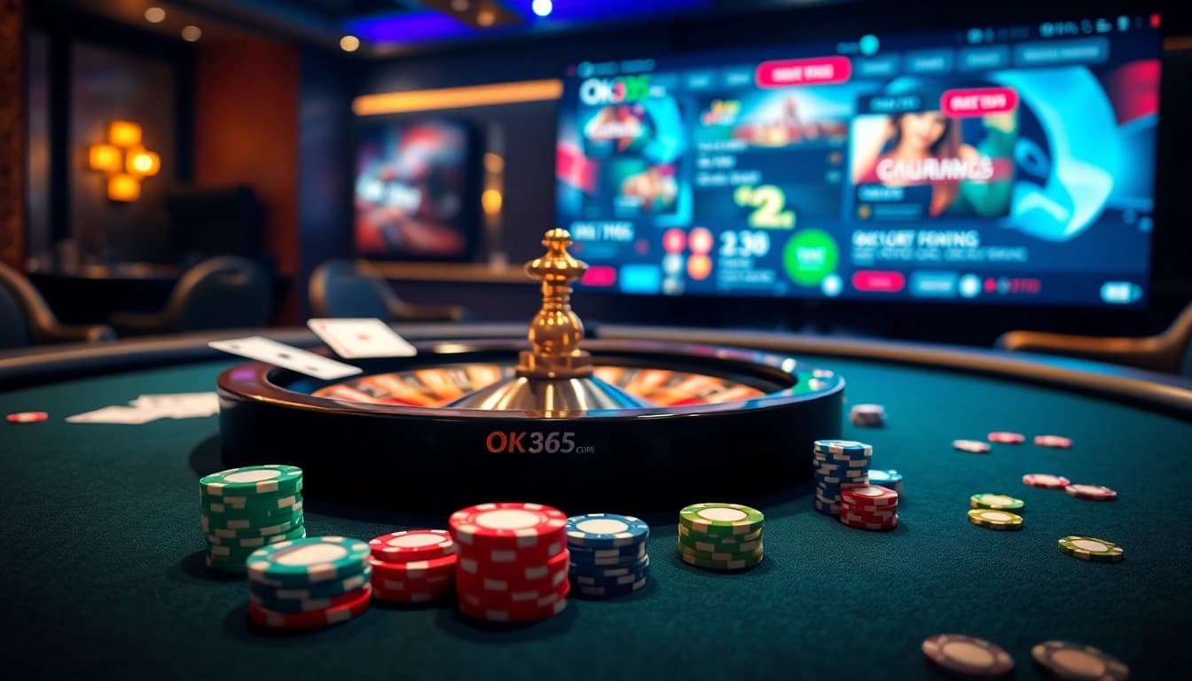 Players enjoying an exhilarating game at the ok365 com casino, showcasing poker tables and roulette wheels.