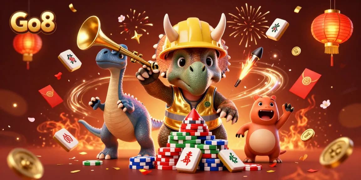Go8 players celebrate a winning moment in a vibrant, energetic casino scene packed with fun elements.
