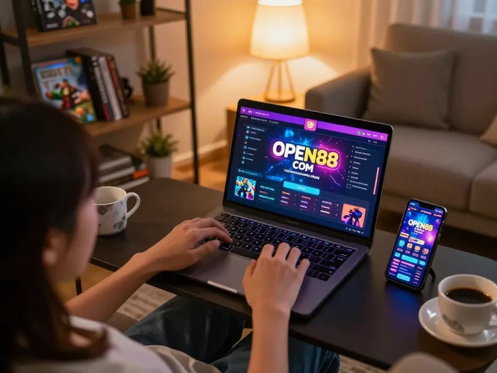 Engaging in online gaming at home with OPEN88 COM interface displayed on devices, showcasing responsible gambling.
