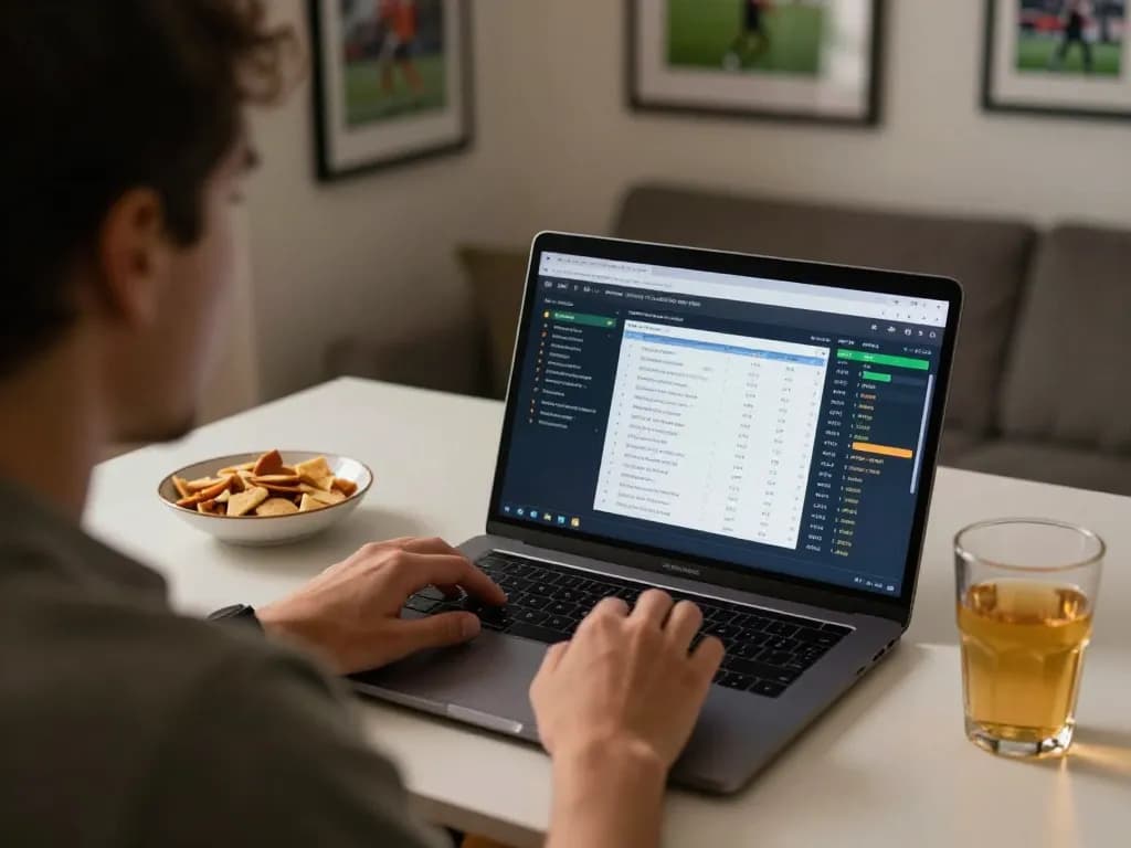 Person analyzing kèo nhà cái on a laptop, showcasing sports betting strategy at home.