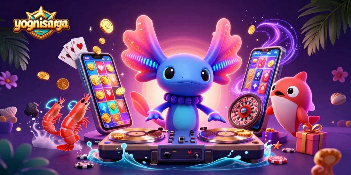 Engage with the vibrant gaming scene featuring yognisarga, a lively DJ and playful sea creatures.