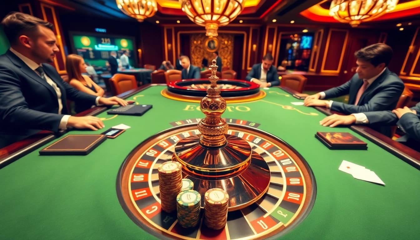 Players enjoying a thrilling game night at 壹發娛樂, surrounded by luxurious casino elements.