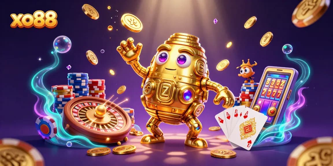 Experience the thrill of xo88 with a 3D golden golem amidst casino elements and dynamic gaming symbols.