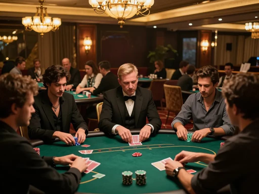 Players strategizing at a high-stakes poker table in nhà cái gk88, illuminated by chandeliers