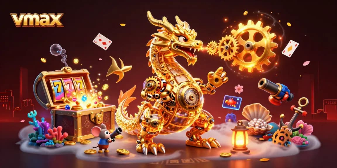 Engage in thrilling games at vmax, with animated golden dragons amidst slot machines and treasures.