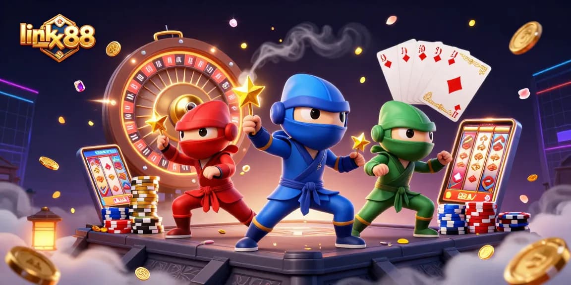 Experience the thrill of link tx88 with a vibrant, action-packed 3D casino scene showcasing colorful chameleon ninjas.
