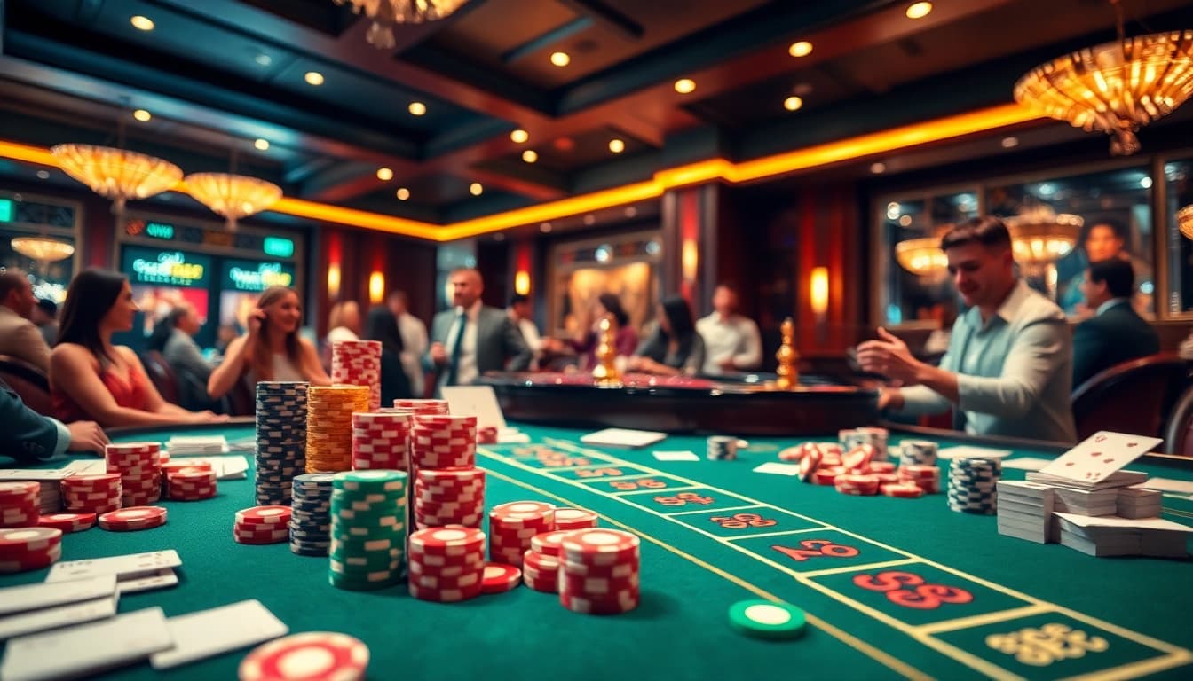 SAY88 offers an exciting view of casino players engaging with poker chips and a roulette wheel.