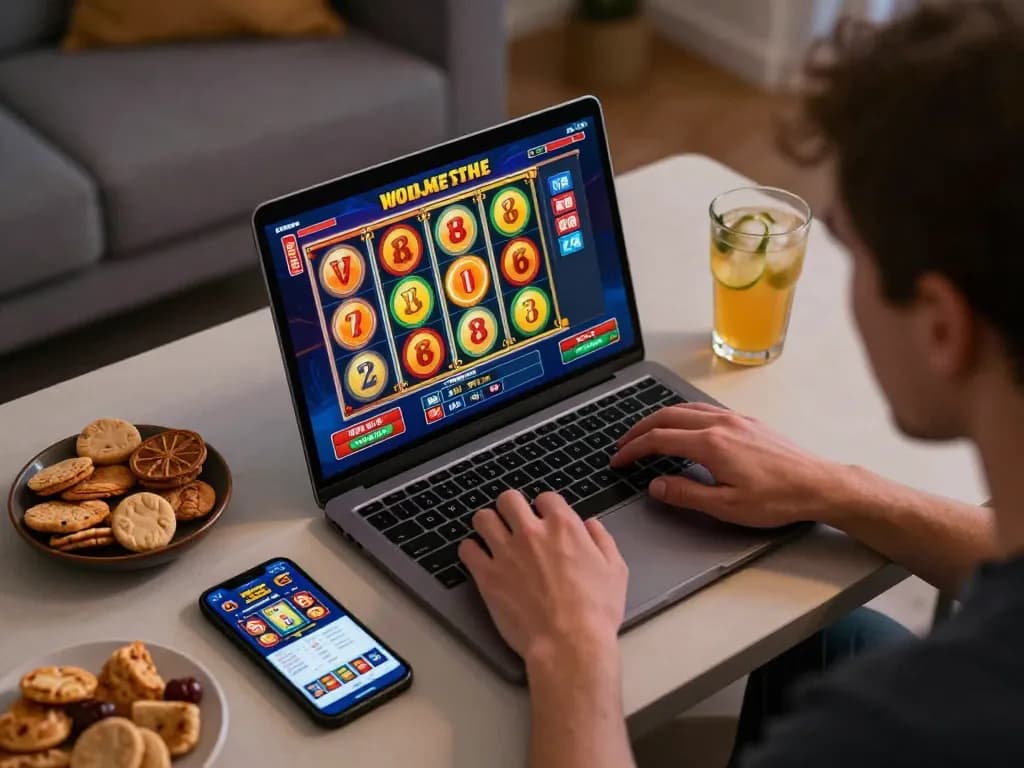Player enjoying online slot games at home on kp88220 with vibrant visuals and cozy setting.