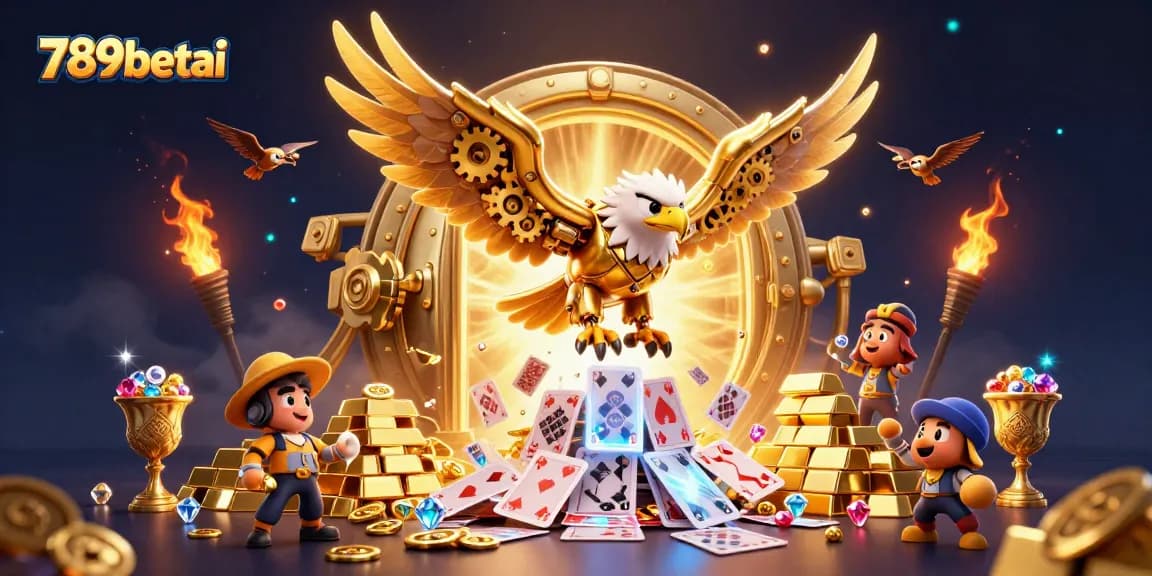 Experience the thrilling world of 789betai with a cybernetic eagle soaring amid glittering casino riches.