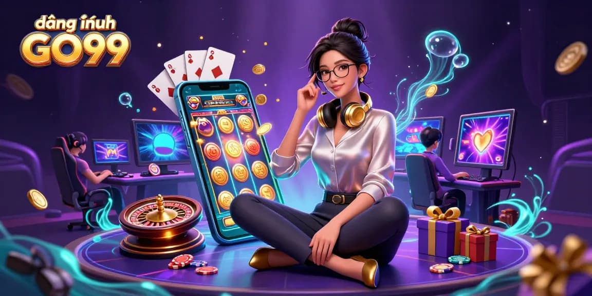 Experience action with đăng nhập GO99 as an elegant Asian woman showcases a high-tech gaming setup, vibrant casino game excitement.