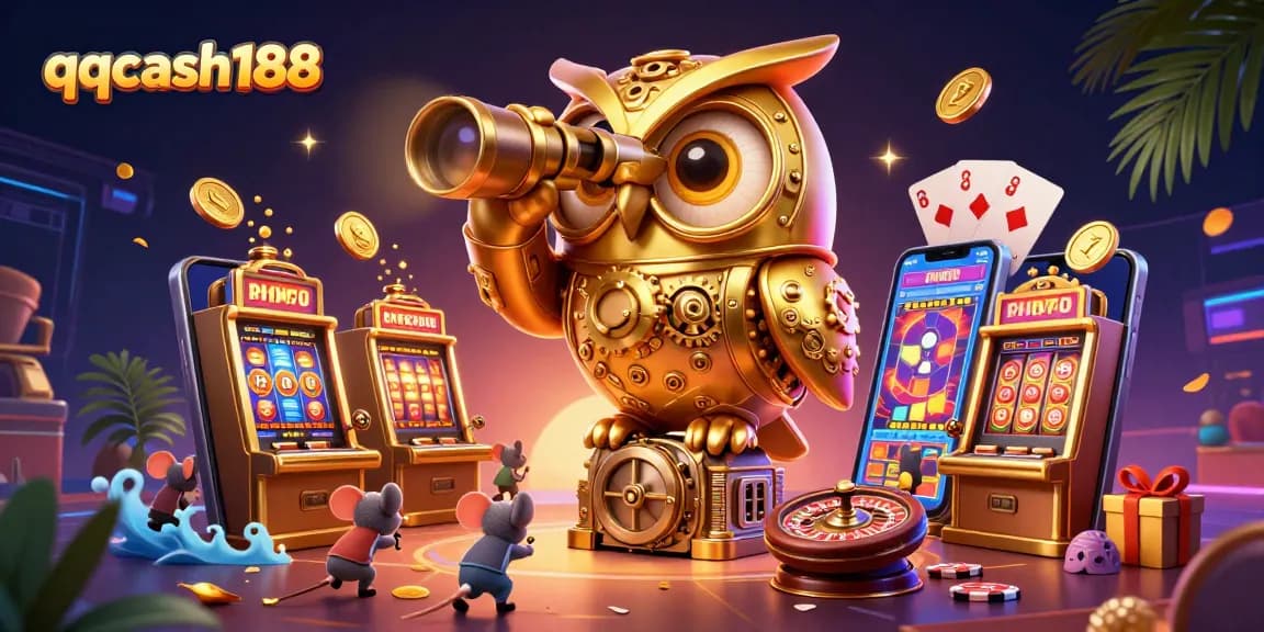 Discover qqcash188's vibrant and dynamic casino world featuring a golden owl and engaging game elements.