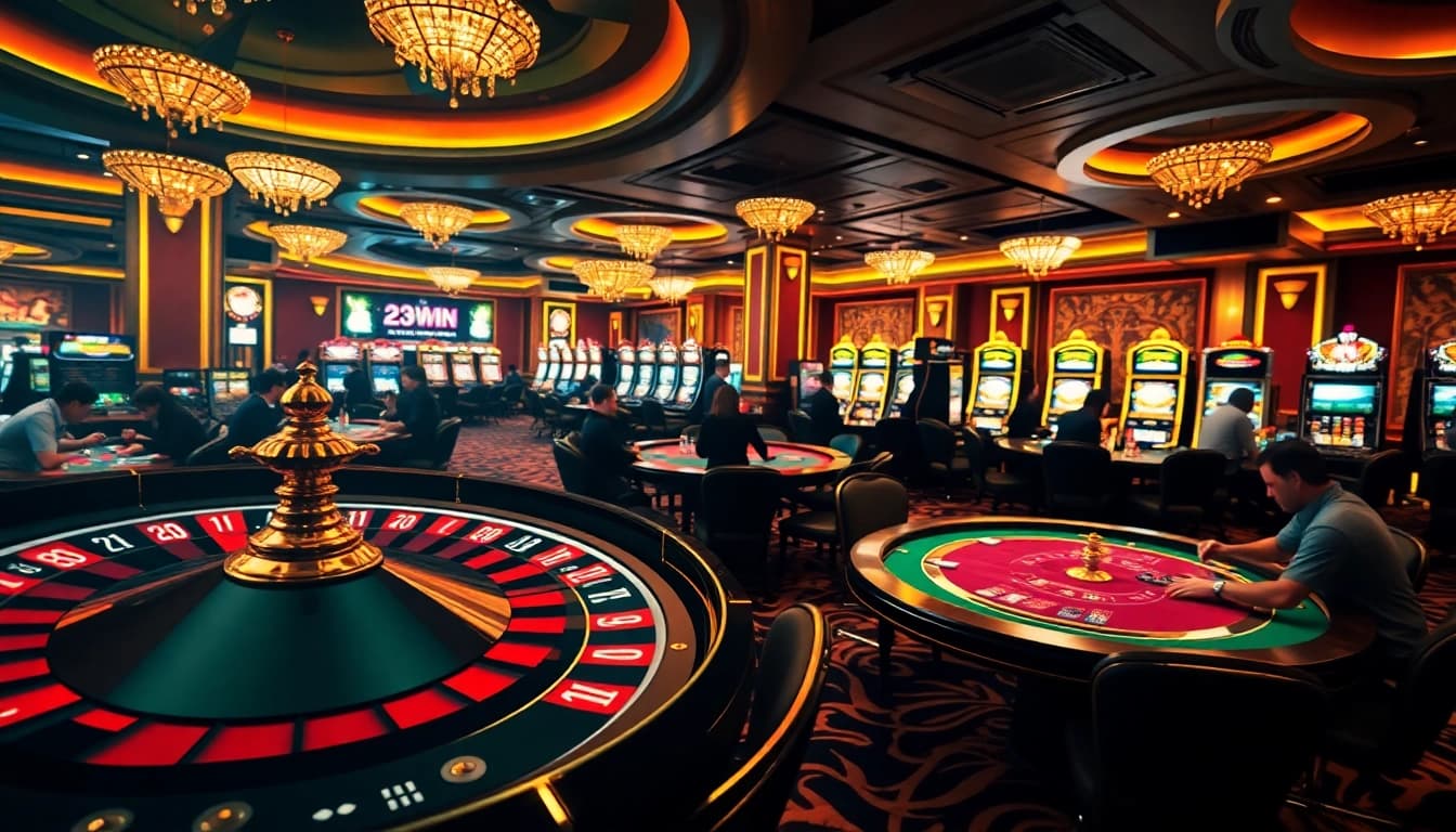 Exciting casino scene with players at poker tables and slot machines, showcasing the brand 23WIN.