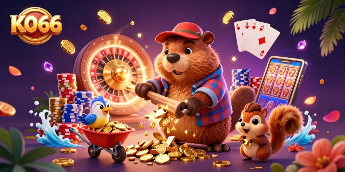 Engage in thrilling gambling experiences at KO66, featuring beaver, bird, and squirrel in a vibrant casino scene.