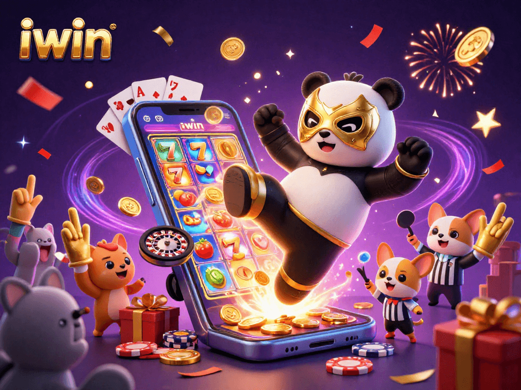 Experience the thrilling action of iwin with a panda wrestler and chihuahua referee in a vibrant casino scene.