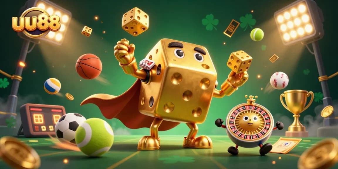 Engage with uu88 through a thrilling 3D dynamic casino scene showcasing sports elements and golden dice.