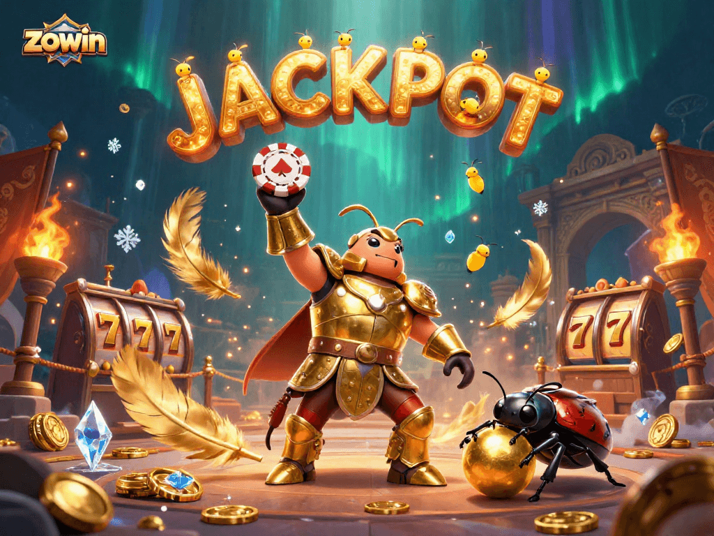 Play to win at zowin with vibrant 3D cartoon characters celebrating a jackpot.
