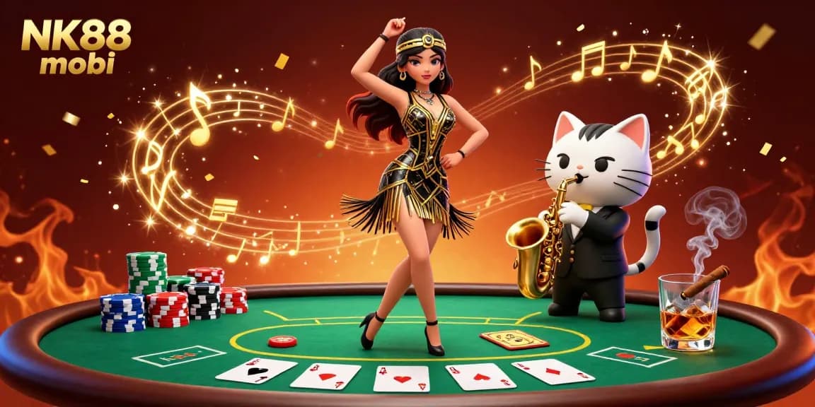 Experience thrilling moments with NK88 mobi as a stunning flapper dances alongside a saxophone-playing cat at an exhilarating gambling table.
