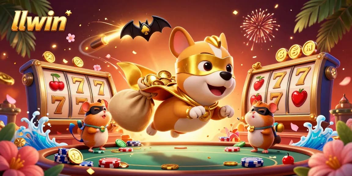 Experience the excitement at llwin with a dynamic digital casino scene featuring superhero characters and slot game symbols.