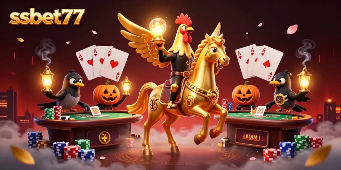 Engage with exciting games at ssbet77 in a vibrant casino illustration featuring a golden rooster.