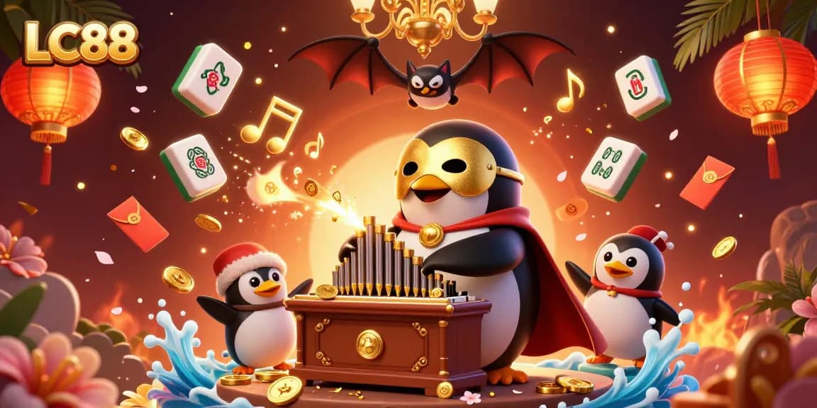 LC88 showcases an exciting gaming atmosphere with a penguin playing an organ that shoots coins, emphasizing fun.