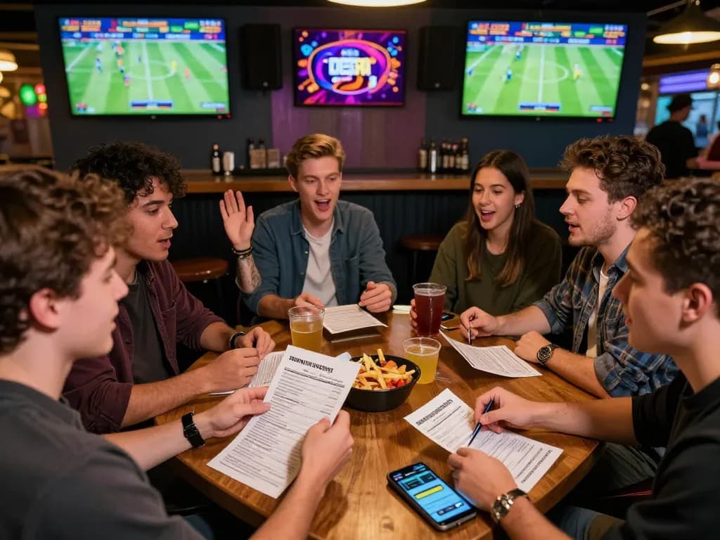 Excited friends engaging in sports betting at lively bar using tylekeo apps and betting slips.