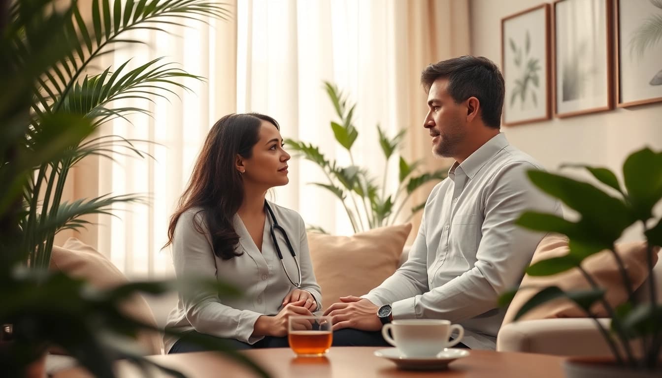 Therapist supports client coping with stress and anxiety in serene clinic environment.