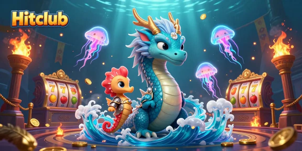 Experience the vibrant Hitclub casino scene with an azure water dragon, seahorse knight, and neon jellyfish.
