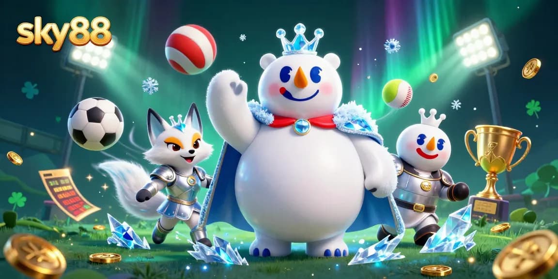 Bet on your luck with sky88, featuring an icy royal bear and silver fox amidst vibrant gaming elements.