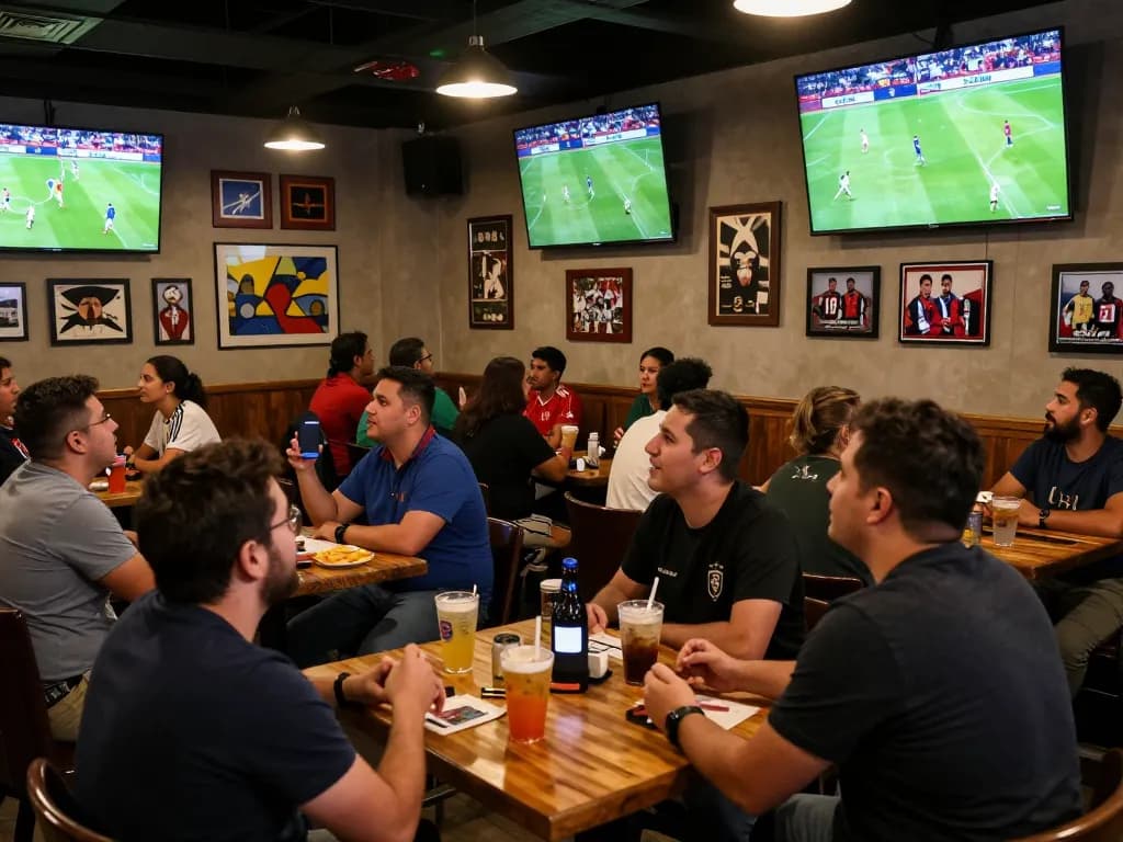 Fans engaging in betting strategies while watching worldcup2026 in a lively sports bar setting.