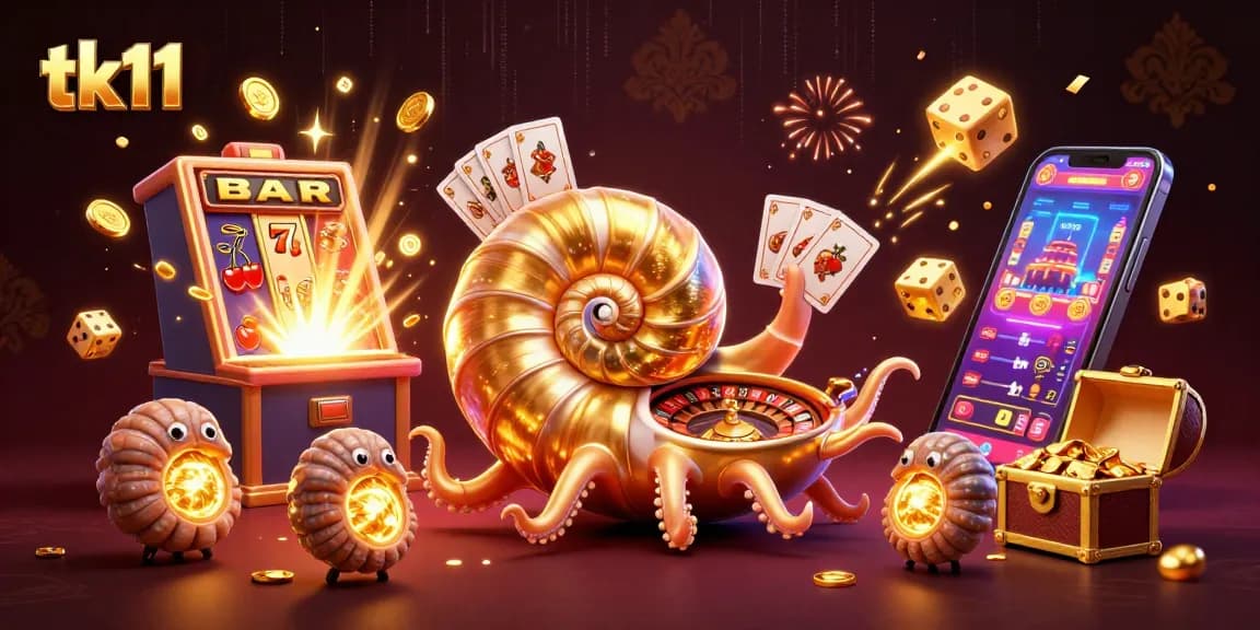 Spin to win with tk11's vibrant jackpot scene, featuring casino games and golden treasures.