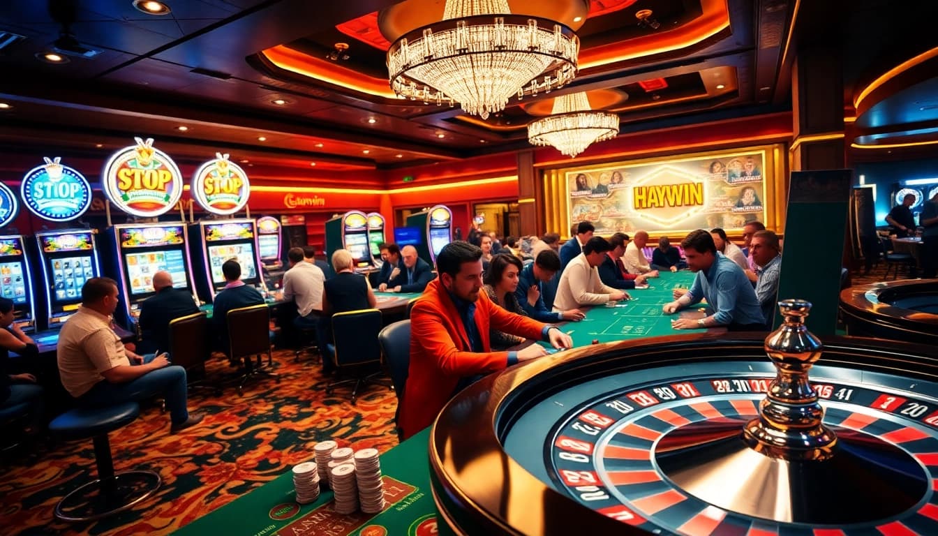 Exciting gambling experience at Haywin with players engaged in poker and vibrant slot machines.