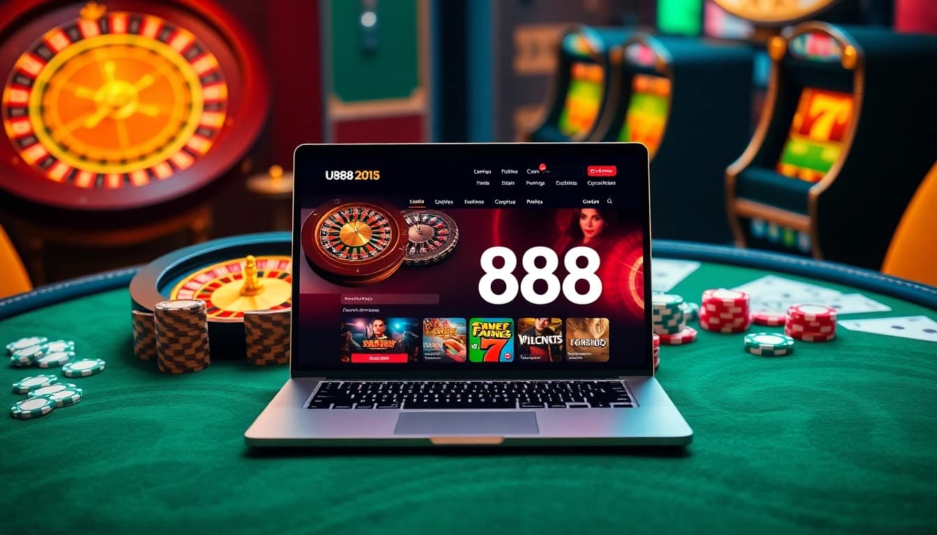 Experience U888's vibrant online gaming interface with exciting casino elements.