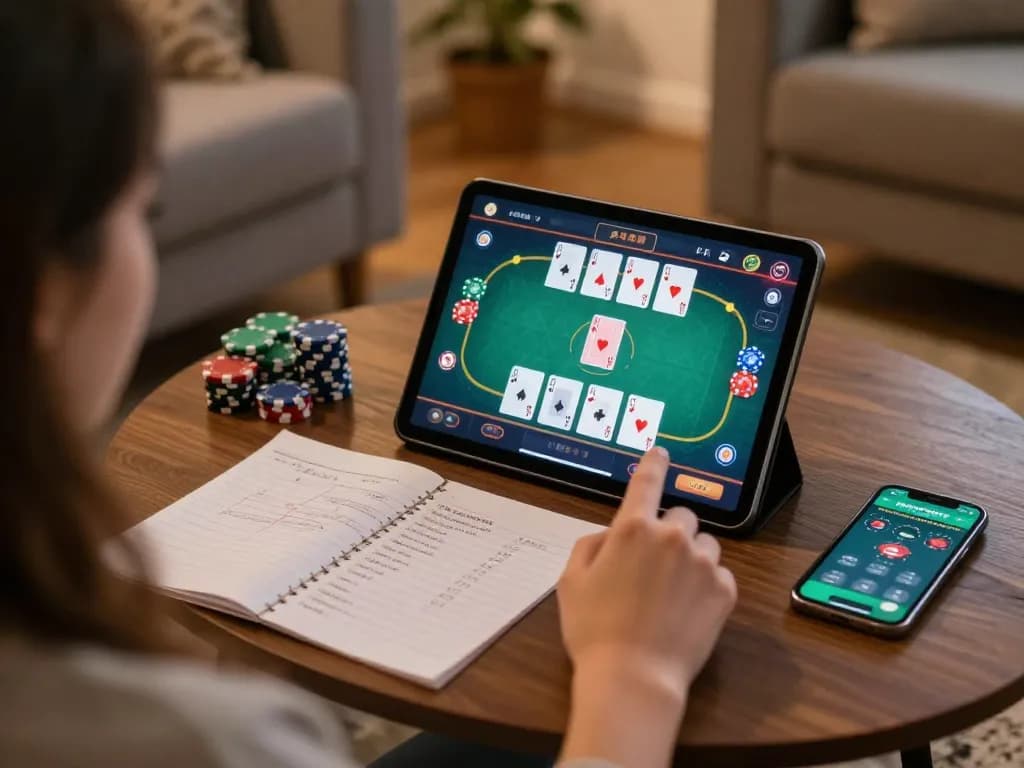 Gioco coinvolgente su un tablet utilizzando siti scommesse non AAMS per strategie di poker in un ambiente domestico accogliente.
