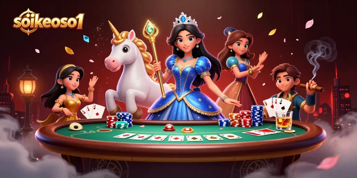 Engage with soikeoso1's vibrant casino scene featuring luxurious poker action and magical elements.