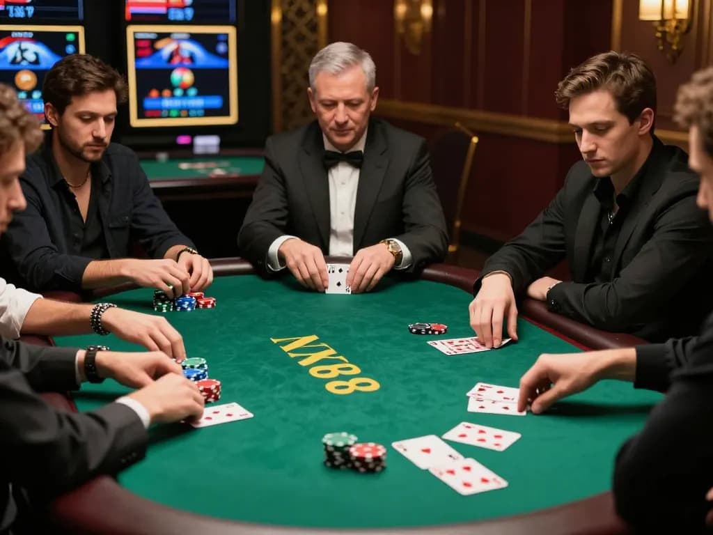 Players strategizing at NK88 online casino poker table, showcasing engaging moments.