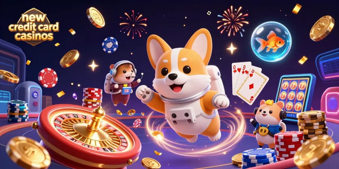 Experience the excitement of new credit card casinos with a playful astronaut corgi in a zero-gravity casino.