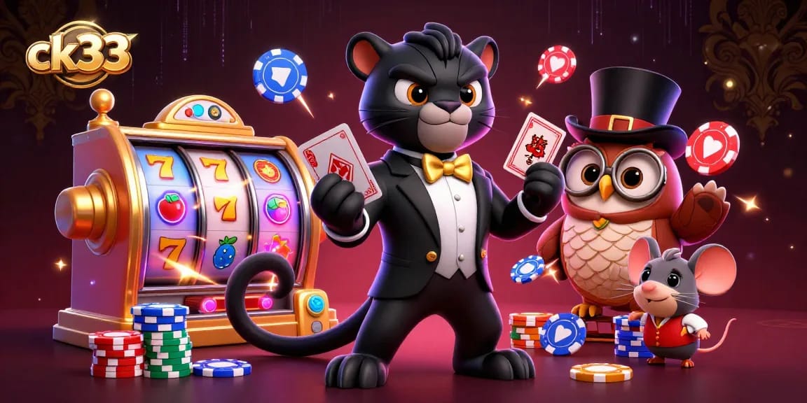 ck33 showcases a stylish panther dealing cards in a vibrant casino scene filled with slot reels and glowing elements.