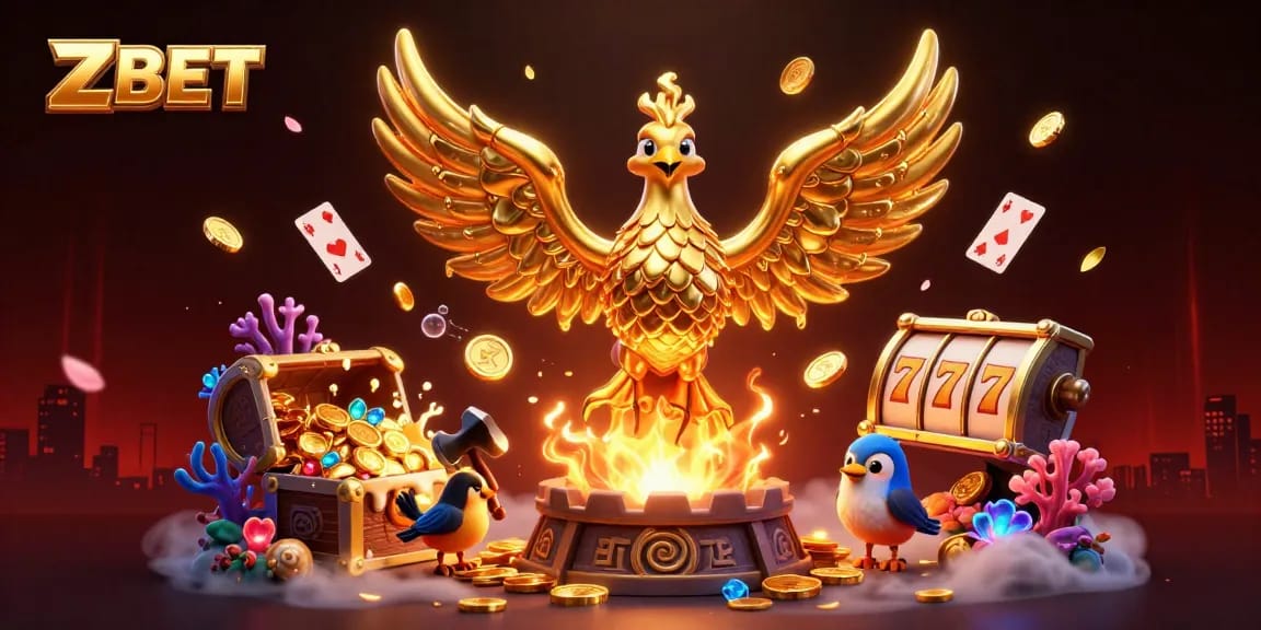ZBET spins the reels with a golden phoenix and treasures in an electrifying casino scene.