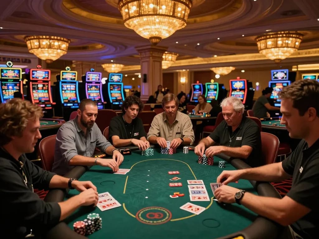 Engaging poker scene at 79king casino, players focused on chips and cards.
