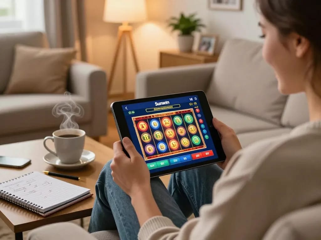 TẢI SUNWIN app for online gaming on a tablet in a cozy home environment.