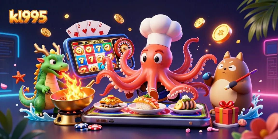 Experience thrilling wins with kl995 in this vibrant casino-themed illustration, showcasing dynamic gaming elements.
