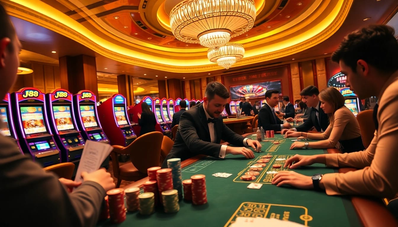Experience thrilling J88 gaming with lively casino tables and players enjoying their bets.