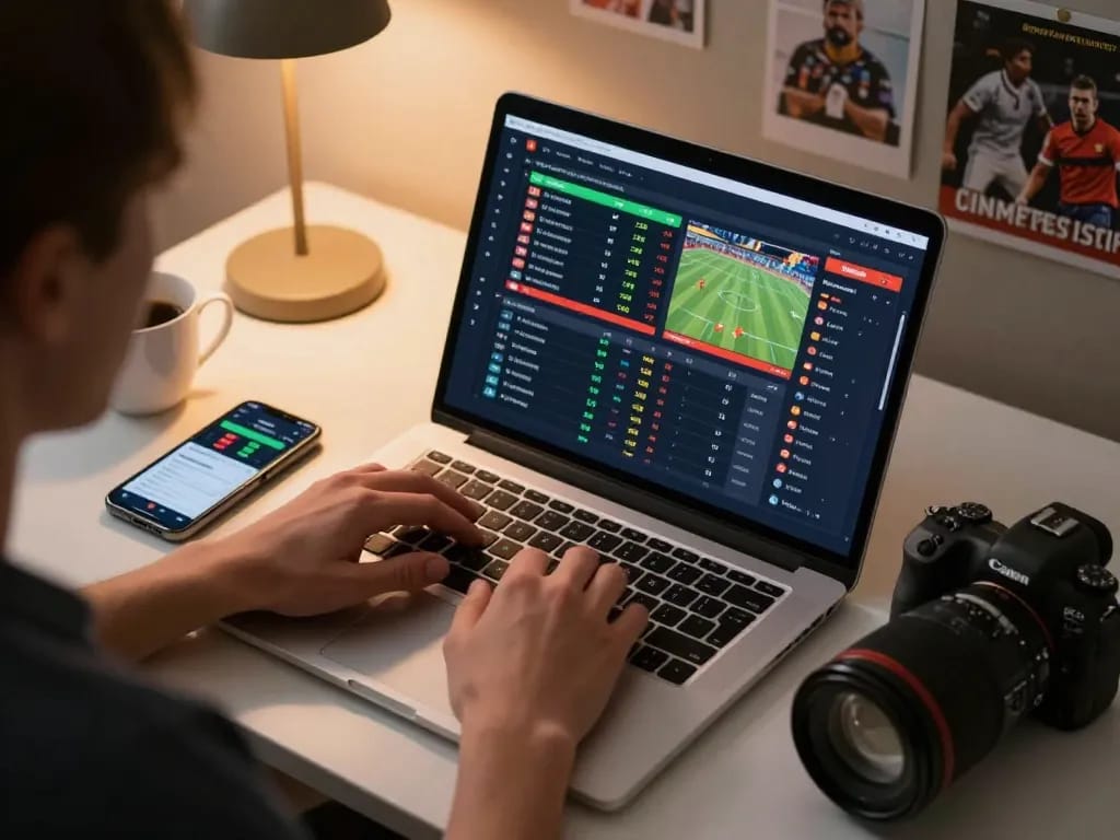 Impegnarsi in siti scommesse non AAMS con un laptop che mostra mercati di scommesse live, illustrando gameplay strategico e comfort